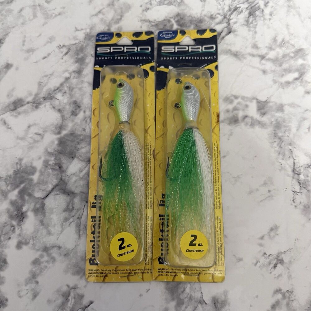 Spro SBTJC-2 2 oz Prime Bucktail Jig Large Chartreuse & White Pair Vintage NOS